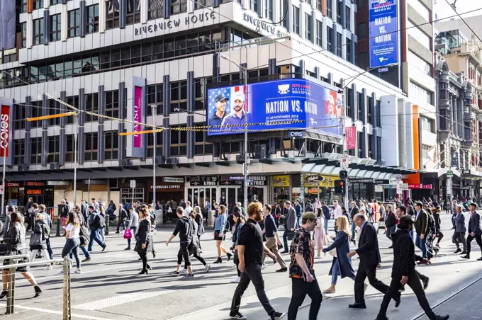 Peak hour in Melbourne city centre in Australia.