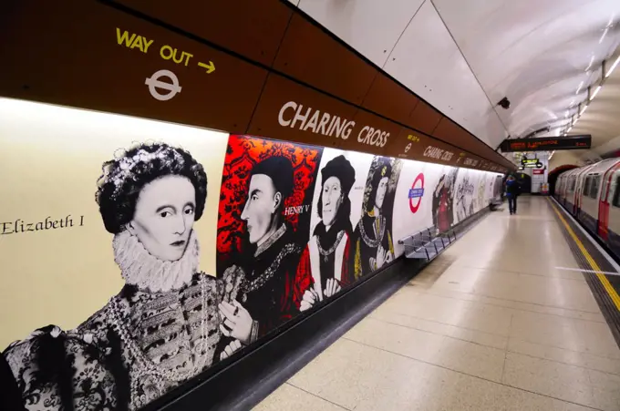 England, London, Charing Cross. Pictures of British monarchs adorn the walls of a platform on the Bakerloo line at Charing Cross Underground Station.