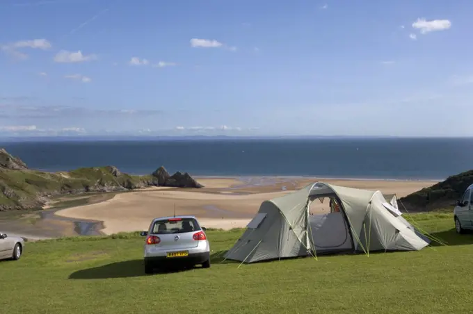 Wales, Swansea, Threecliffs Bay. The view from Three Cliffs Bay caravan and camping site.