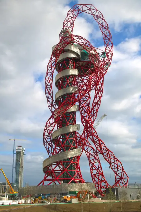 England, London, Stratford. A view of the Anish Kapoor designed sculpture outside the main Olympic stadium.