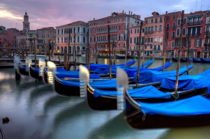 Italy, Veneto, Venice. Gondolas on Grand Canal at the Ponte di Rialto in Venice.