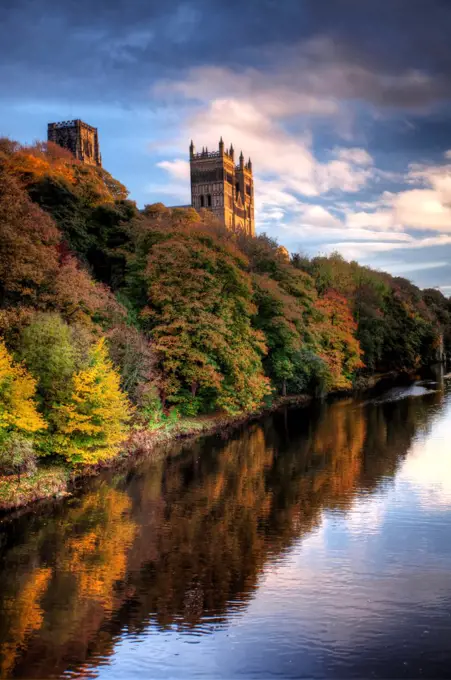 England, County Durham, Durham. A view of Durham Cathedral and the River Wear.