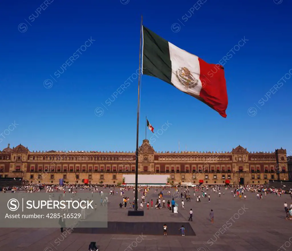 Zocalo ( Main Plaza ) and National Flag and the National Palace in Mexico City, Mexico