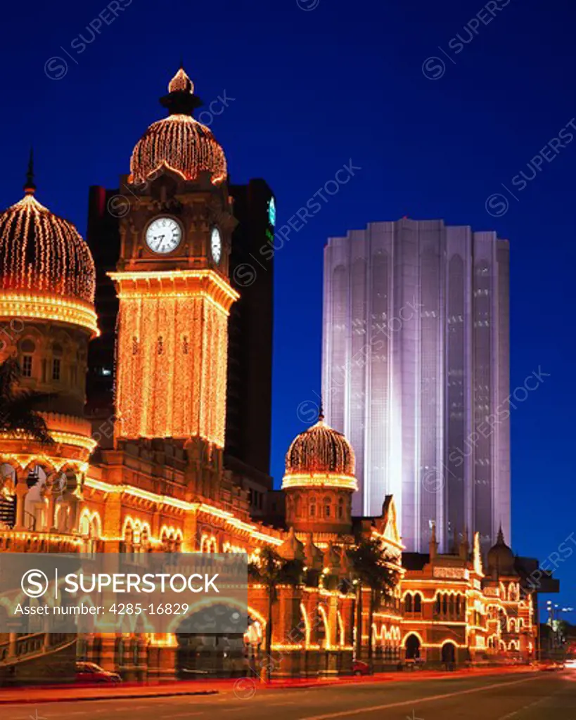 Sultan Abdul Samad Building and Dayabumi Complex at night in Kuala Lumpur, Malaysia