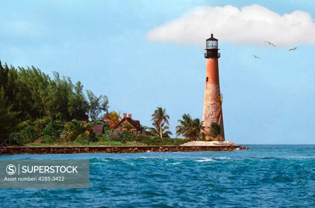 Old lighthouse in Crandon Park/Key Biscayne point in South Florida with windy palm trees and green foliage with light tower and flying seagulls in blue sky, blue sea and puffy white clouds.