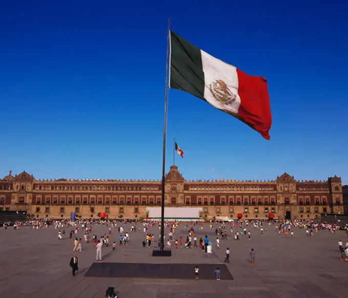 Zocalo ( Main Plaza ) and National Flag and the National Palace in Mexico City, Mexico