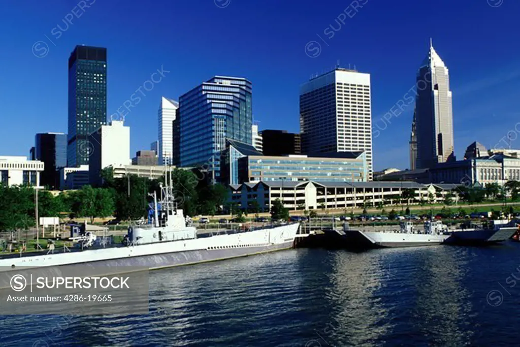 Cleveland, skyline, OH, Ohio, Downtown skyline of Cleveland, USS Cod Submarine Museum, Lake Erie