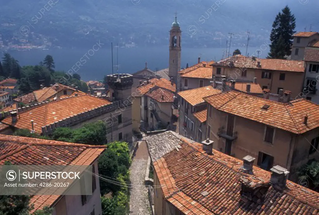 Italy, Moltrasio, Lombardy, Lombardia, Lake Como, Southern Alps, Scenic view of Lake Como from the rooftops of the village of Moltrasio.