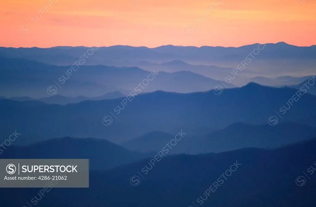 Aerial view of The Great Smokey Mountains National Park in North Carolina at dusk.