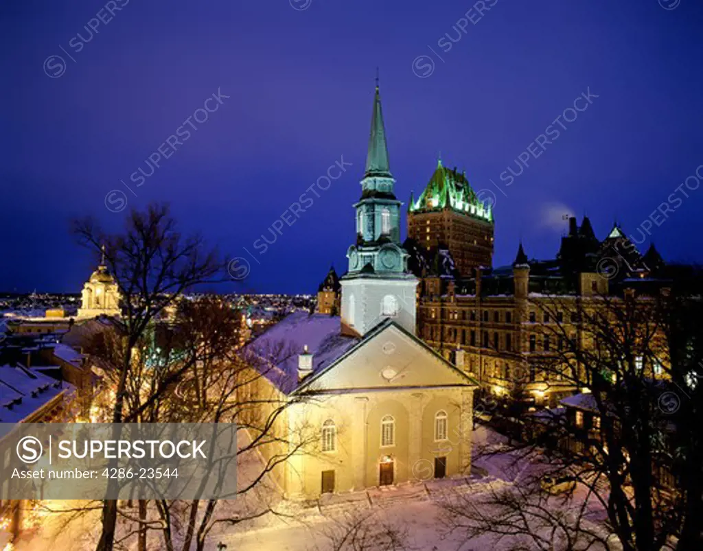 Canada Quebec Quebec City Cathedrale Anglicane and the Chateau Frontenac in winter