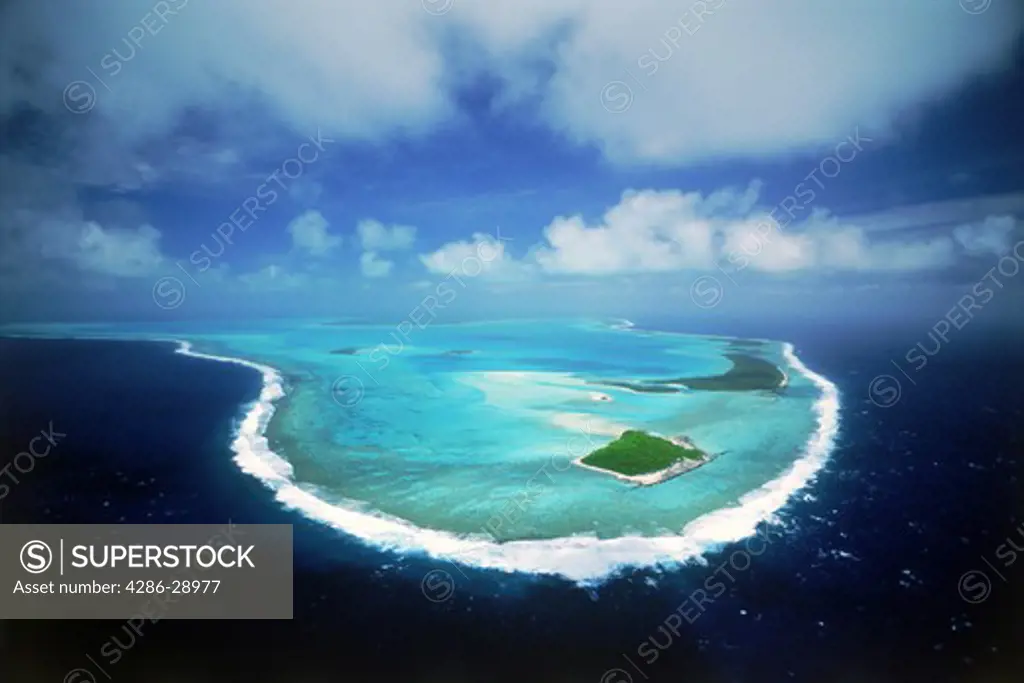 Aerial view of Aitutaki atoll and lagoon in Cook Islands South Pacific