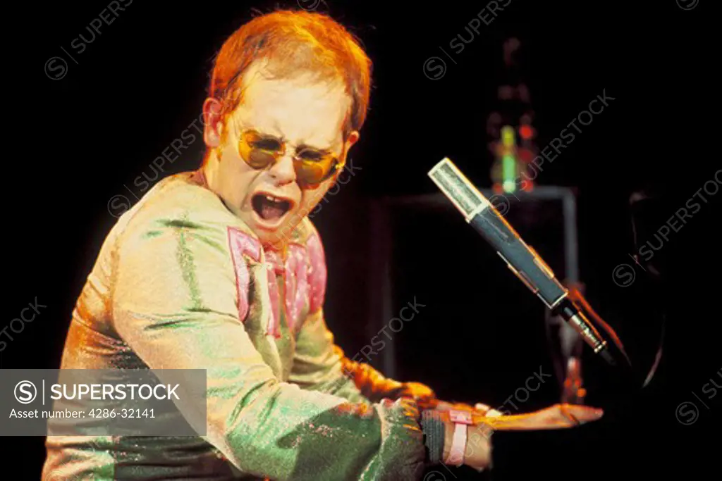 Elton John performing at St. Johns Arena at Ohio State University, Columbus, OH in October 8, 1973.