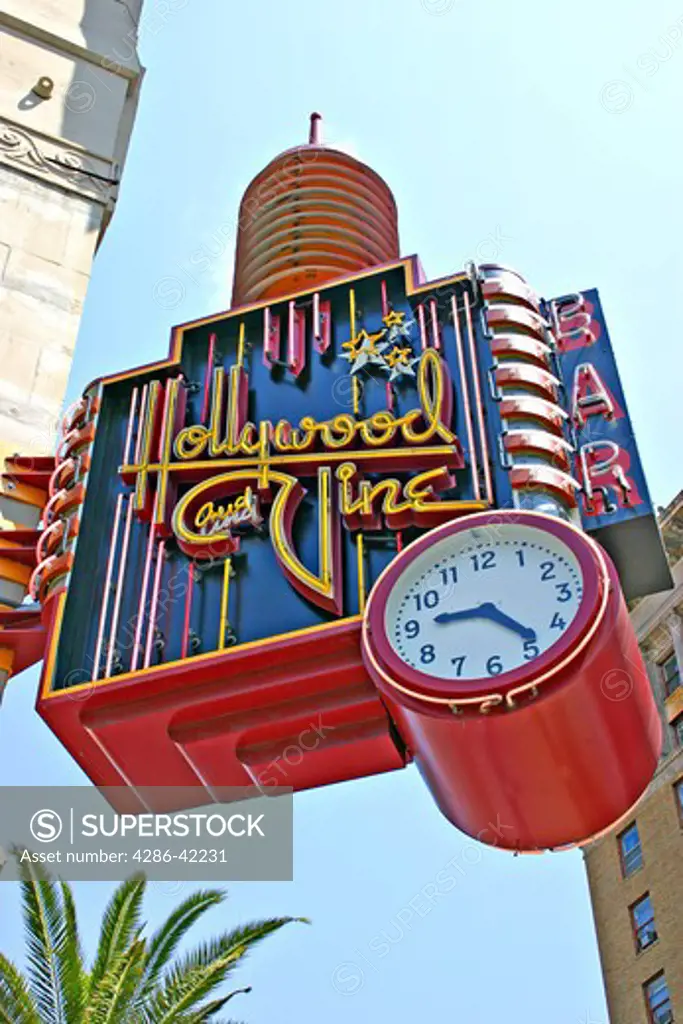 Bright sign at corner of Hollywood and Vine Los Angeles California