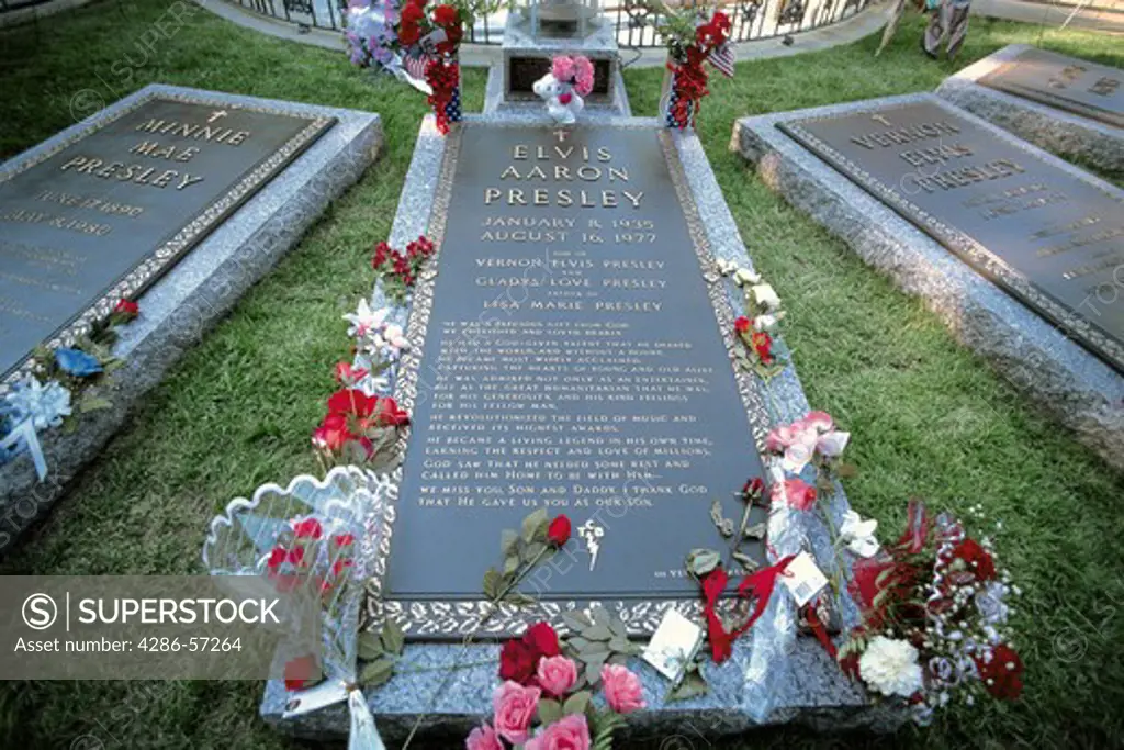 View of Elvis Presleys gravestone memorial in Graceland, Memphis, Tennessee. 