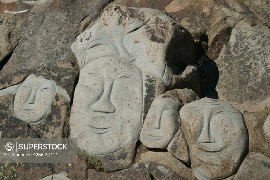 stone sculptures, Stone and Man project, Qaqortoq, Greenland (Danish name: Julianehab), largest town in South Greenland