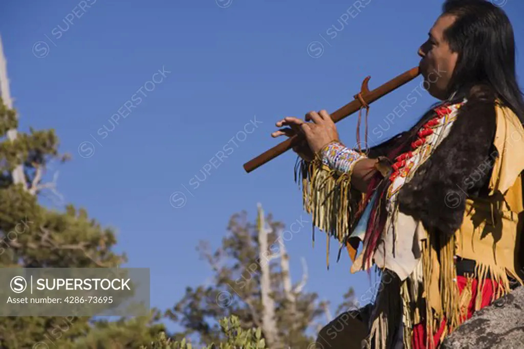 A Lokata Native American Indian warrior in full traditional costume playing a wooden flute in the forest