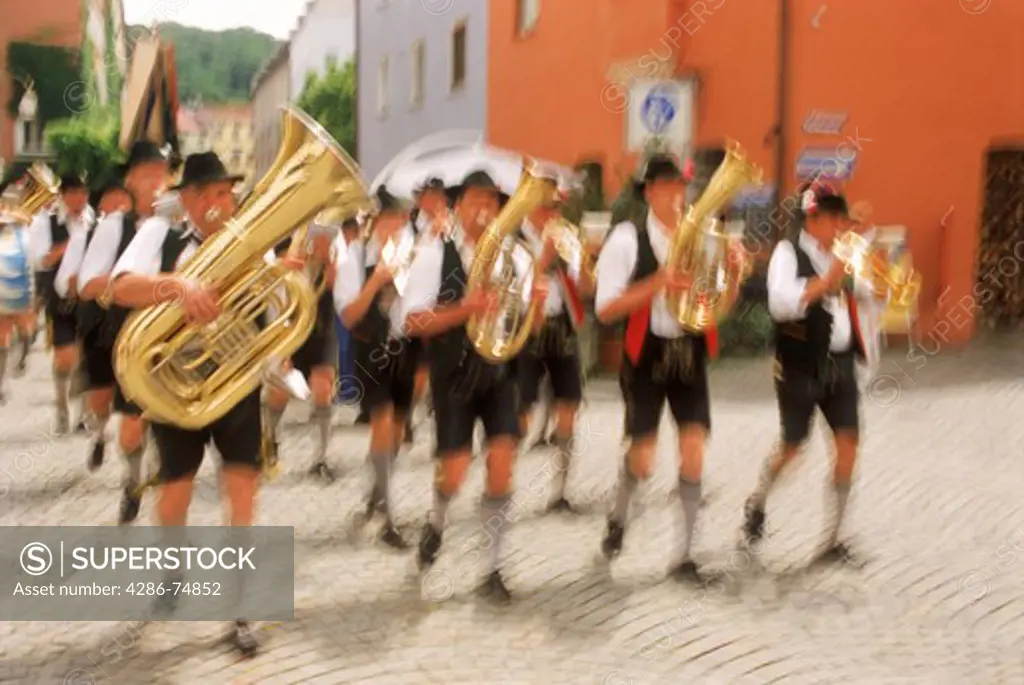 Bavarian marching band playing traditional music at Oktoberfest in Munich