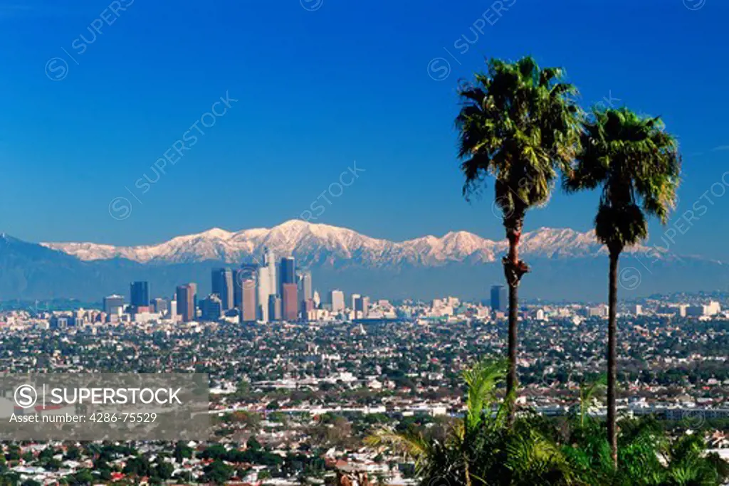 Snow covered San Gabriel Mountains behind downtown Los Angeles skyline