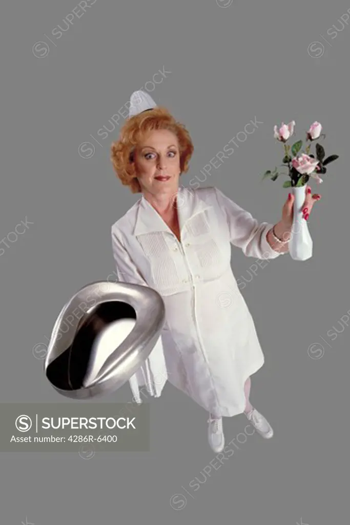 Humorous birdseye view of nurse holding bed pan and vase of flowers