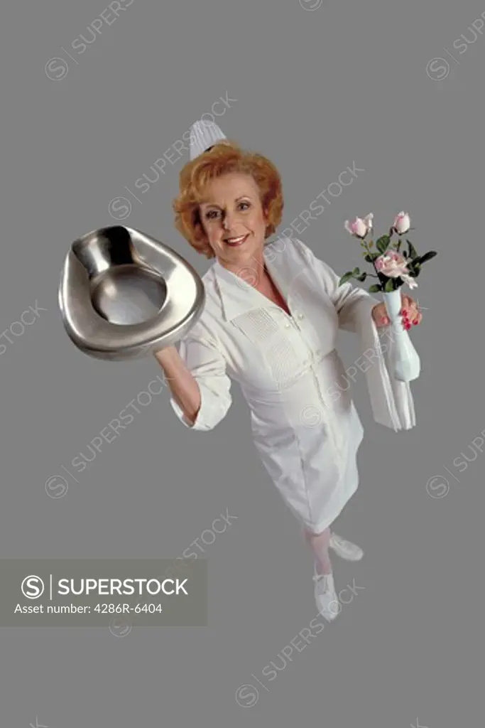 Humorous birdseye view of nurse holding bed pan and vase with flowers