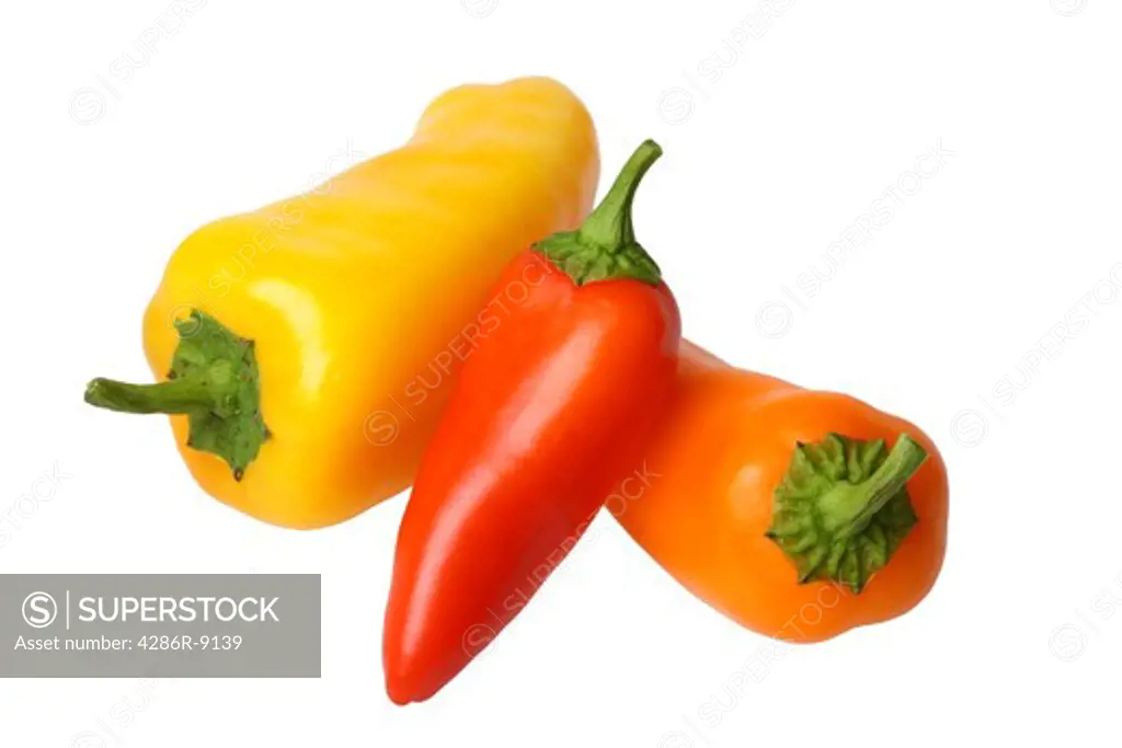 Yellow, Red and Orange Peppers, cutout on white background