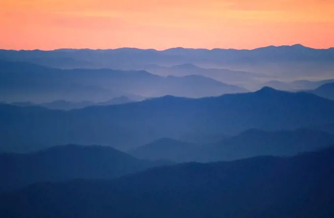 Aerial view of The Great Smokey Mountains National Park in North Carolina at dusk.