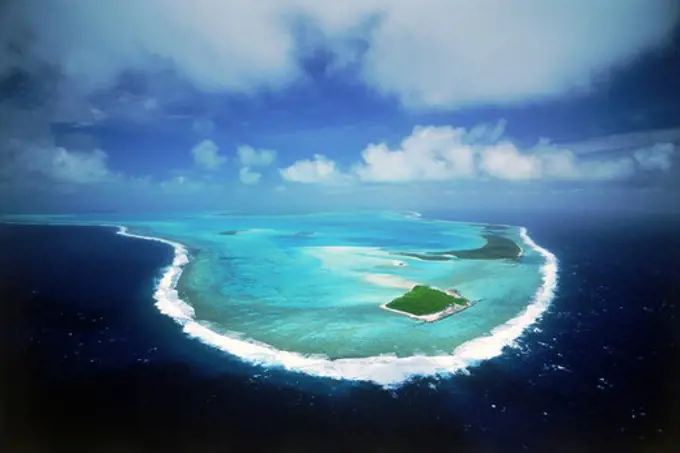 Aerial view of Aitutaki atoll and lagoon in Cook Islands South Pacific