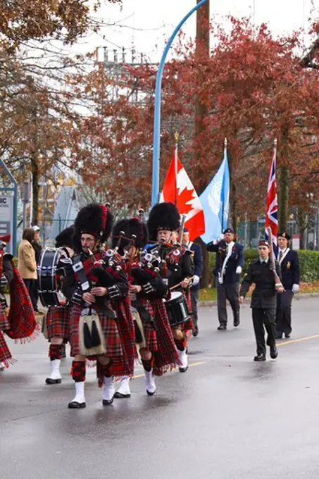 Pipe band in Remembrance Day Parade, Port Coquitlam, BC, Canada