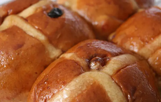 Extreme close-up on hot cross buns