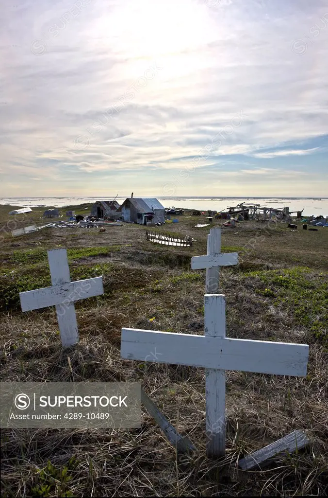 Grave markers on knoll above hunting camp on Shishmaref Island, Arctic Alaska, Summer