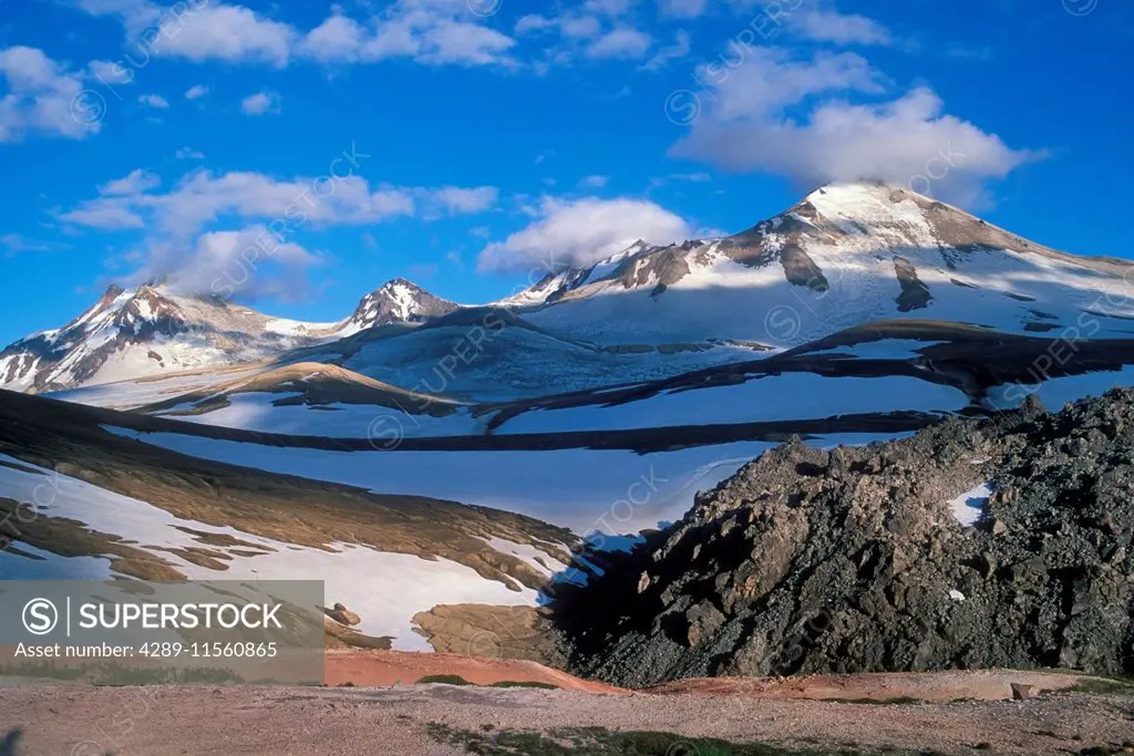 Scenic View Of The Novarupta Volcano Lava Dome With Mount Katmai And Trident Volcanoes In The Background In The Valley Of 10,000 Smokes, Katmai Nation...