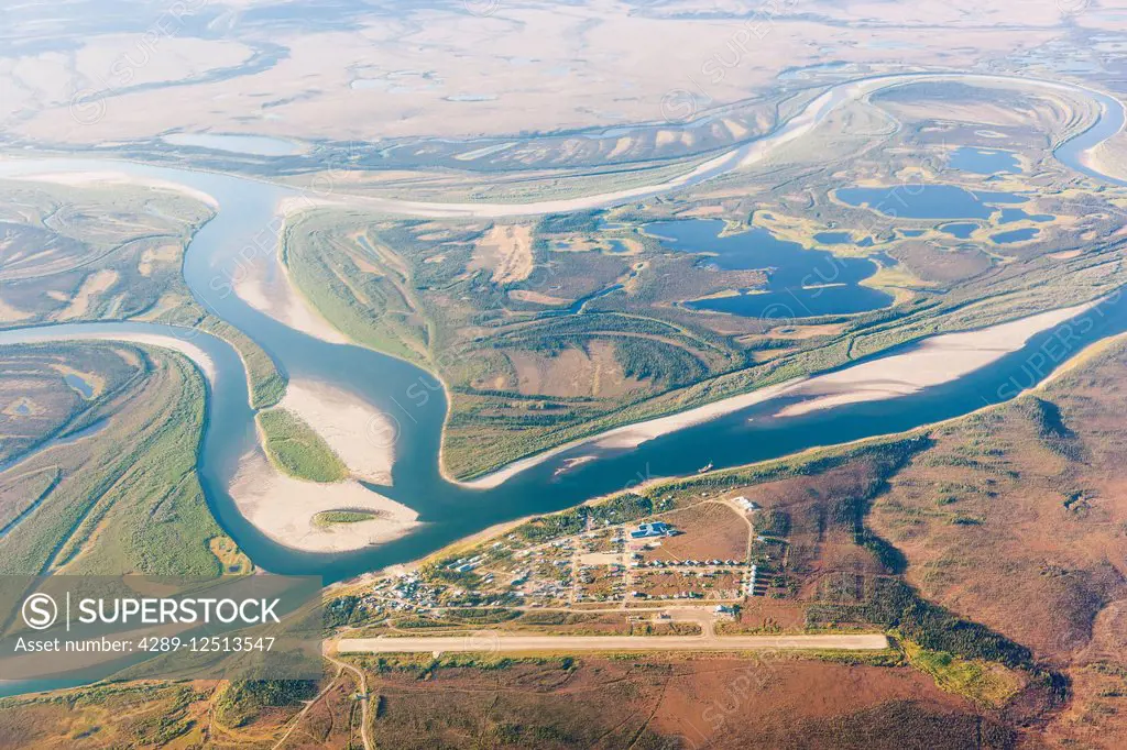 Aerial view of the village of Kiana and surrounding wetlands along the Kobuk River, Arctic Alaska, summer