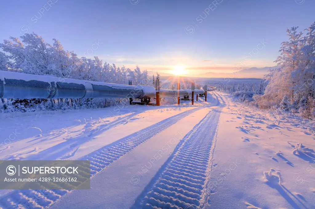 Snowcat tracks in the snow along the Trans-Alaska Pipeline at sunset near the Richardson Highway, Interior Alaska