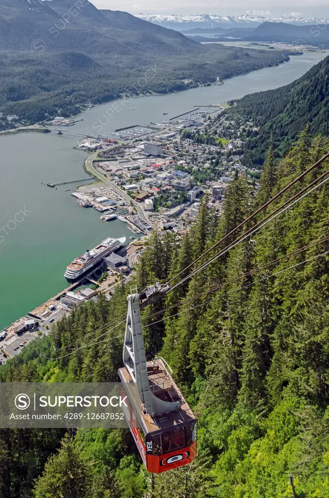 Aerial view from the Mt. Roberts Tramway of Gastineau channel, Douglas Island, and Juneau with Holland America cruise ship visible, Southeast Alaska