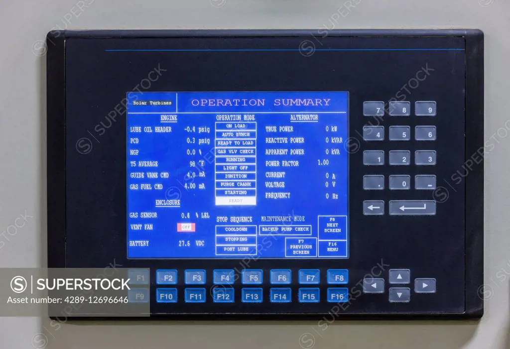 Detail of a gas turbine power plant's control panel, Prudhoe Bay, Arctic Alaska, USA, Summer