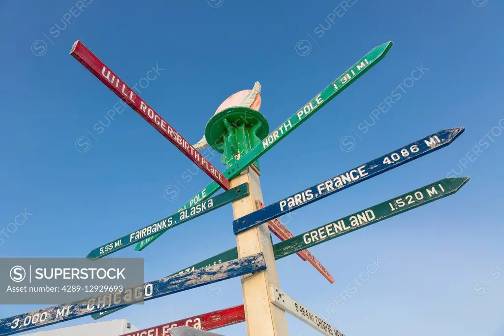 Milepost marking Barrow, Alaska, and distances to different locations around the globe, North Slope, Arctic Alaska, USA, Winter,