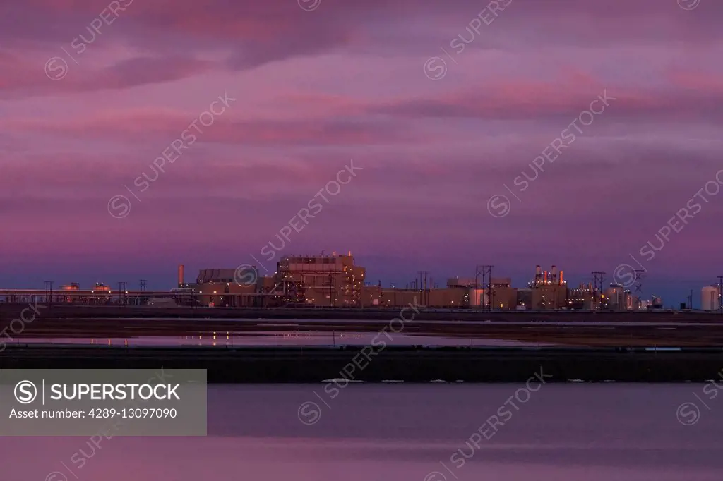 View of Flow Station 1 (FS1) at sunrise in the Prudhoe Bay Oilfield, North Slope, Arctic Alaska, Autumn