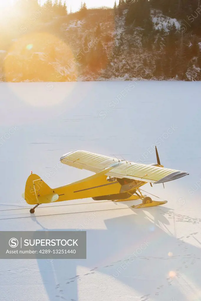 Piper PA-18 Super Cub on skis, Southcentral Alaska.