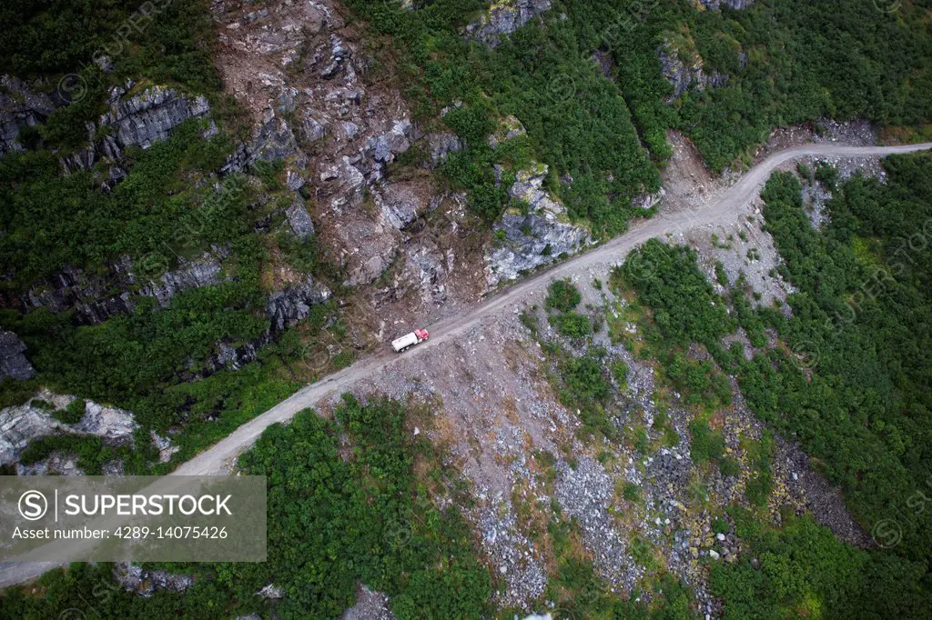 Aerial View Of A Semi Truck On The Williamsport-Pile Bay Road, Southcentral Alaska, USA