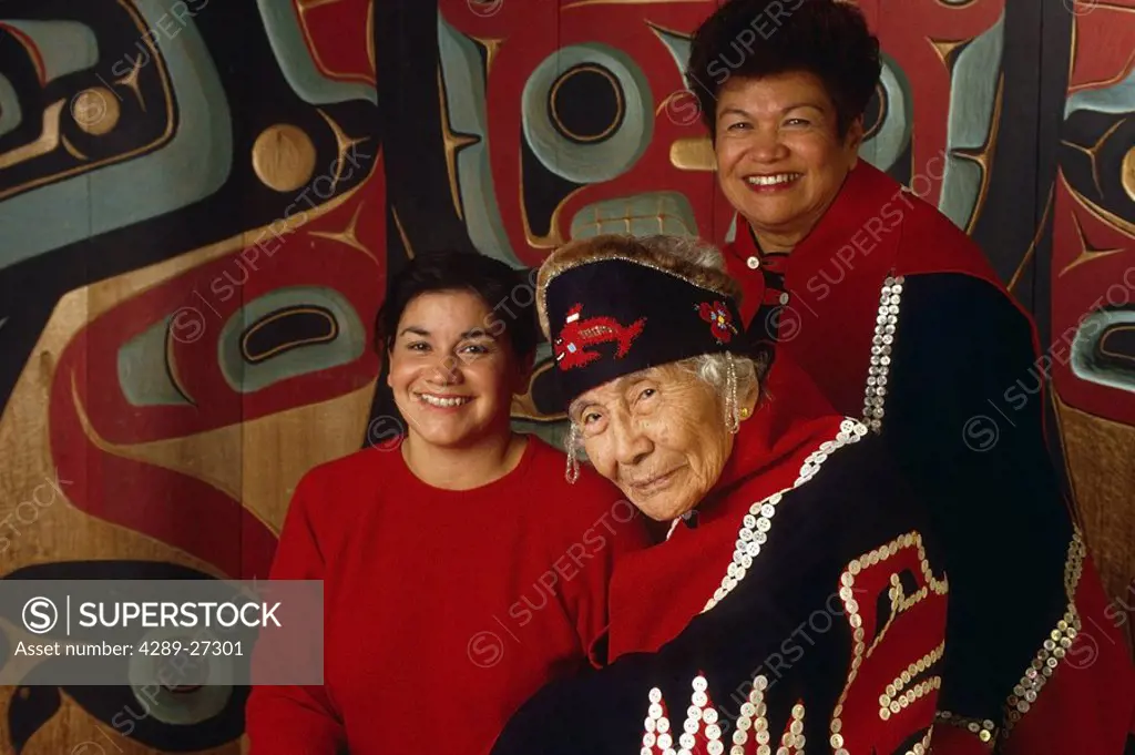 Portrait of 3 generations of Native Tlingit Women in Traditional Dress, AK