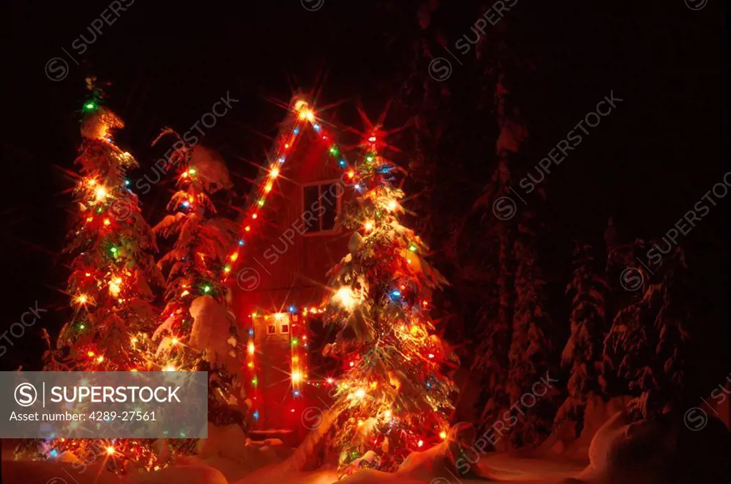 Girdwood Southcentral Alaska Christmas Lights Cabin Trees Winter Night Dark Colorful Snow