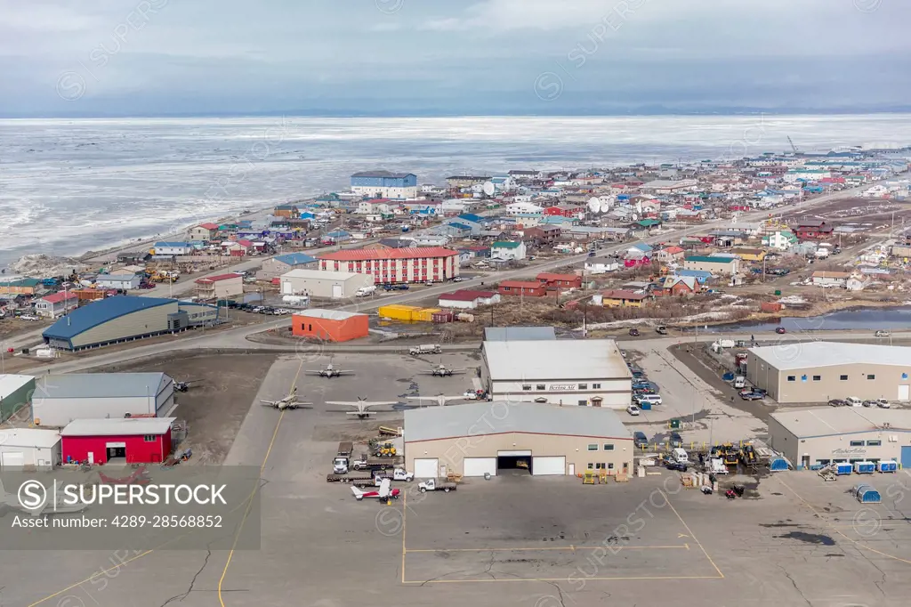 Aerial view of Kotzebue from above the airport in early spring, Northwest Alaska, USA; Kotzebue, Alaska, United States of America