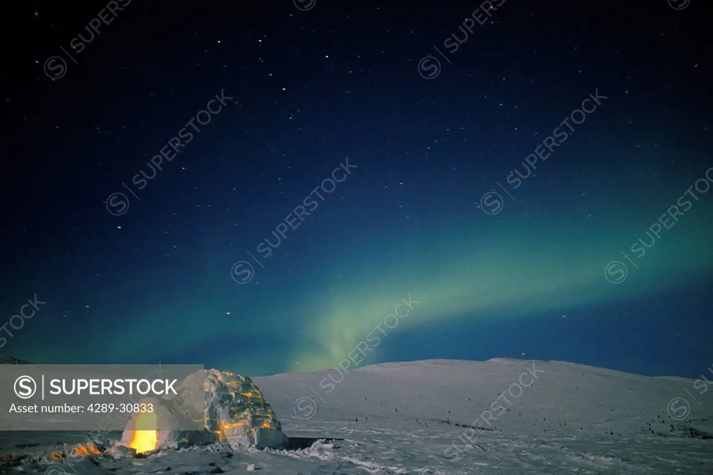 Igloo Lighted Interior Night Northern Lights Tundra AK