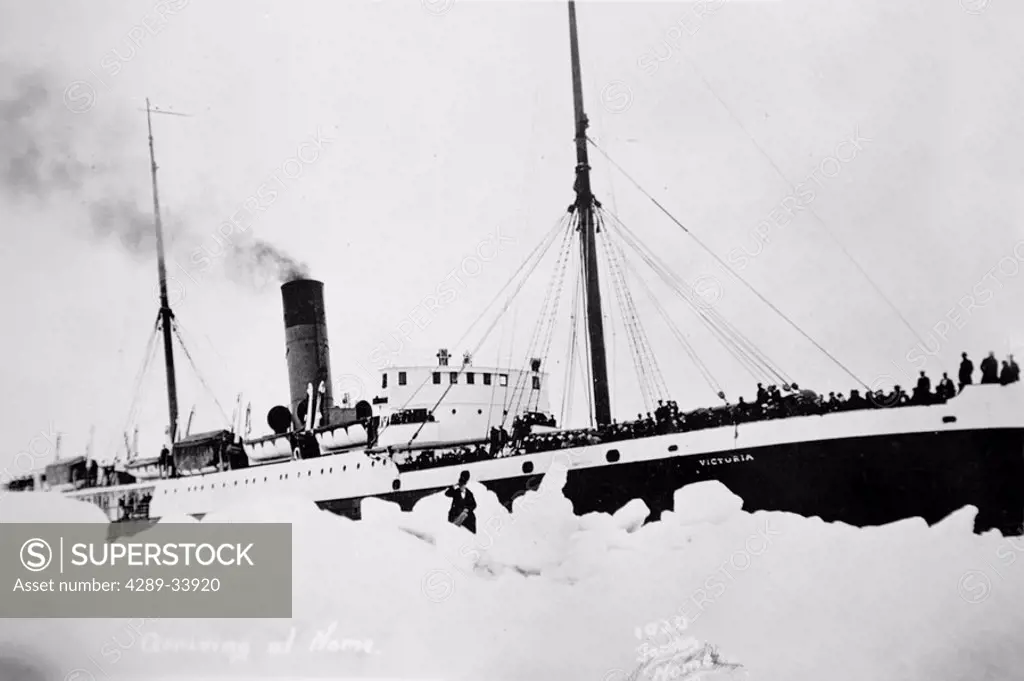 Historical image of the steam ship Victoria arriving in Nome winter WE Alaska