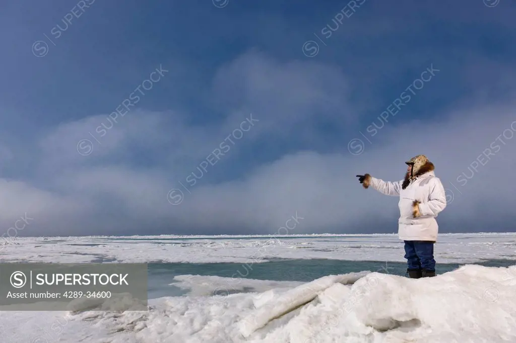 Male Inupiaq Eskimo hunter standing on a ice pressure ridge while wearing a traditional Eskimo parka Atigi and seal skin hat, Chukchi Sea near Barrow,...