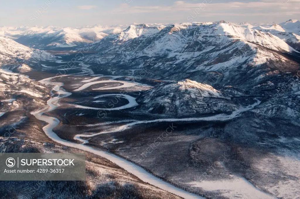 Morning aerial view of the Alatna River in Gates of the Arctic National Park & Preserve, Arctic Alaska, Winter