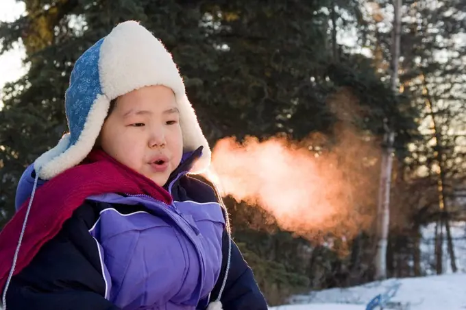 Inuit Eskimo Girl on Chilly Morning Breath Visible AK Winter