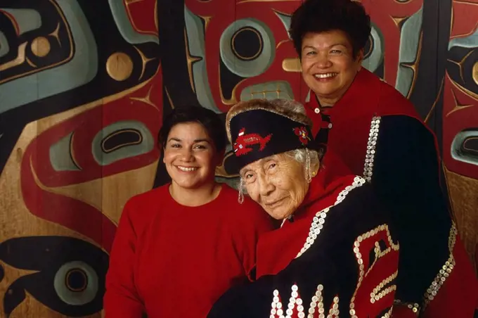 Portrait of 3 generations of Native Tlingit Women in Traditional Dress, AK