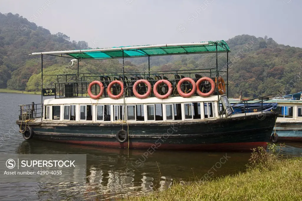 Old wooden boat, Periyar Lake, Periyar Wildlife Sanctuary, Thekkady, near Kumily, Kerala, India