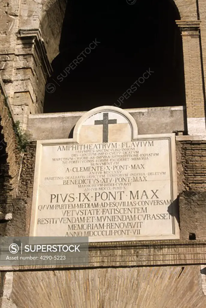 The Colosseum, Rome, Italy, wall plaque, Latin inscription